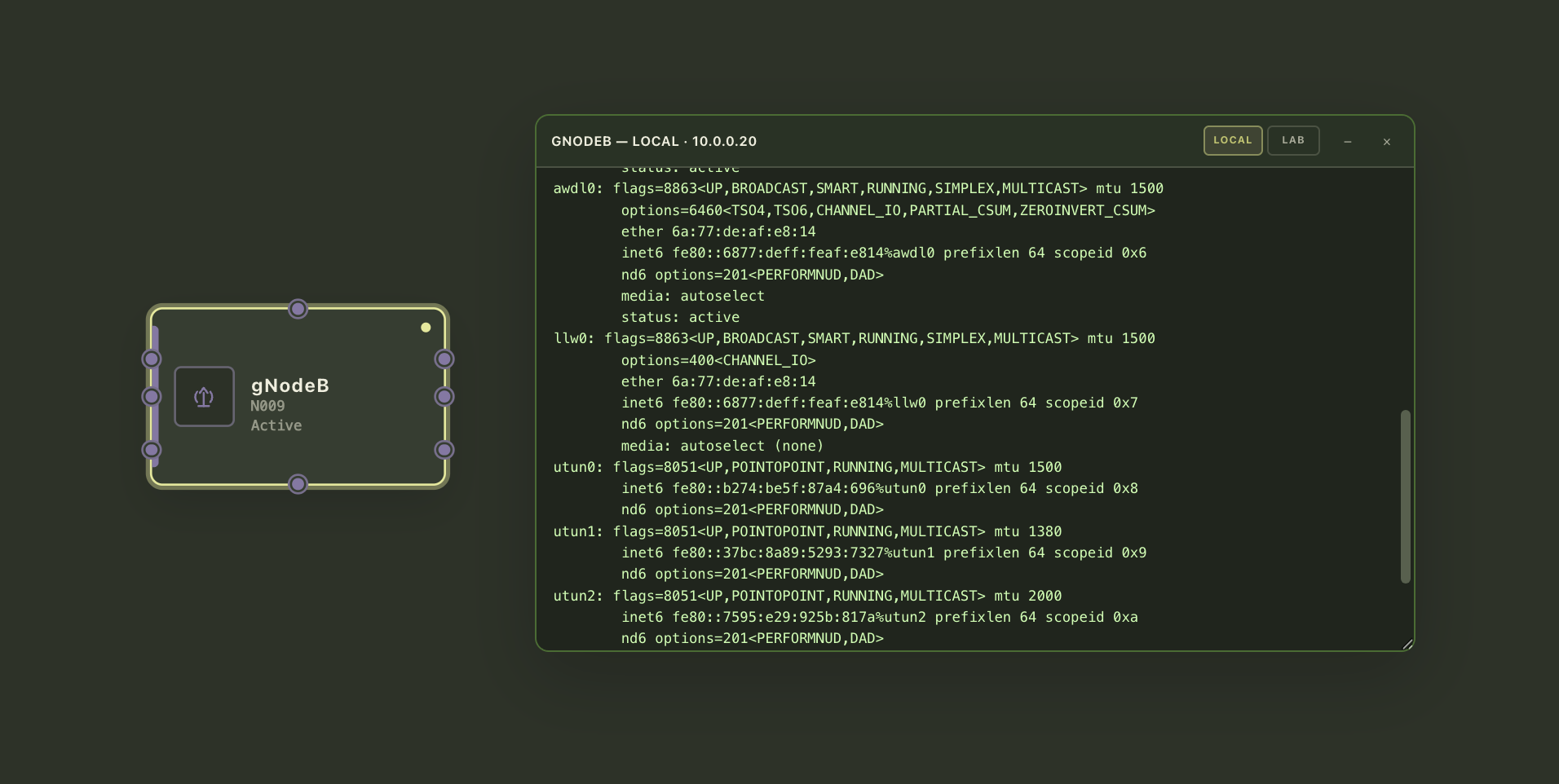 nTerminal gNodeB workspace with a real command terminal open